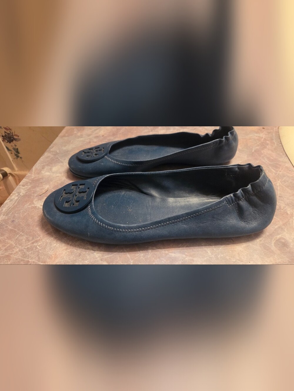 Tory Burch Navy Leather Logo Ballet Flats - Picture 4 of 6